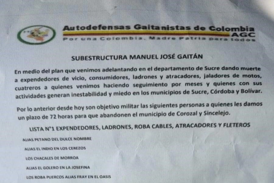 Supuesto panfleto del Clan del Golfo. Foto: Suministrada.