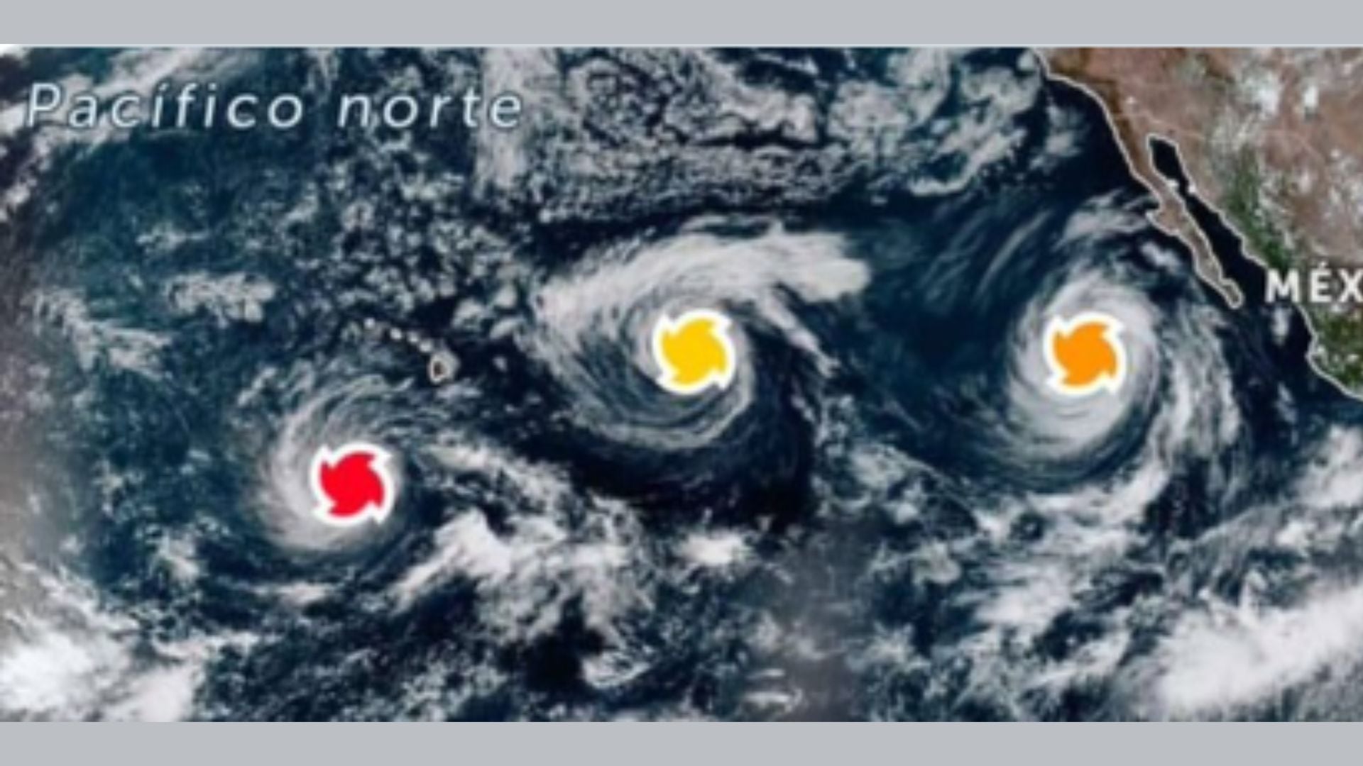 Imagen de los tres huracanes que alcanzaron diferentes niveles de intensidad mientras avanzaban por el Pacífico.