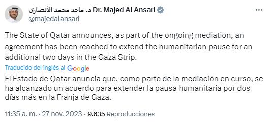 Publicación de el portavoz del Ministerio de Relaciones Exteriores, Majed Al Ansari, en la red social X.