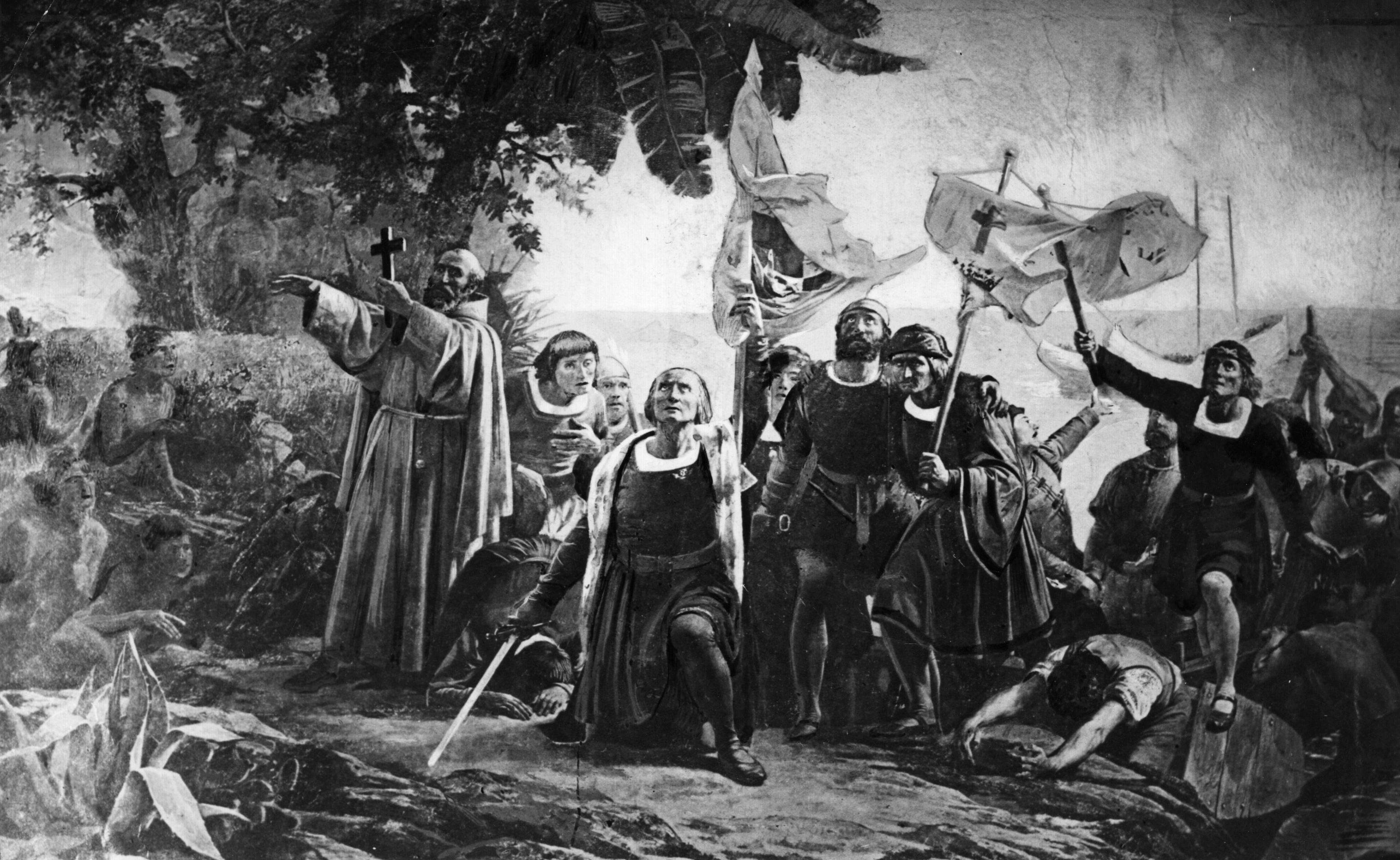 Cristóbal Colón desembarcando en América con los hermanos Piuzón portando banderas y cruces, 1492. Obra original: D. Puebla (1832-1904) (Fotografía de Hulton Archive/Getty Images)