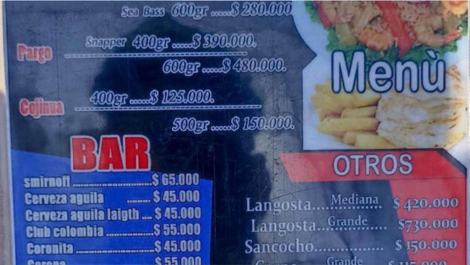 Imagen que se divulgó en redes sociales en donde se aprecia el sobrecosto de las bebidas en un establecimiento de Cartagena
Foto extraída de redes sociales