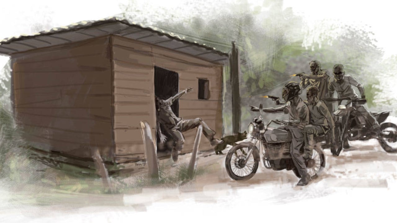 La caravana de la muerte atraviesa al anochecer las trochas de Puerto Guzmán, Putumayo.