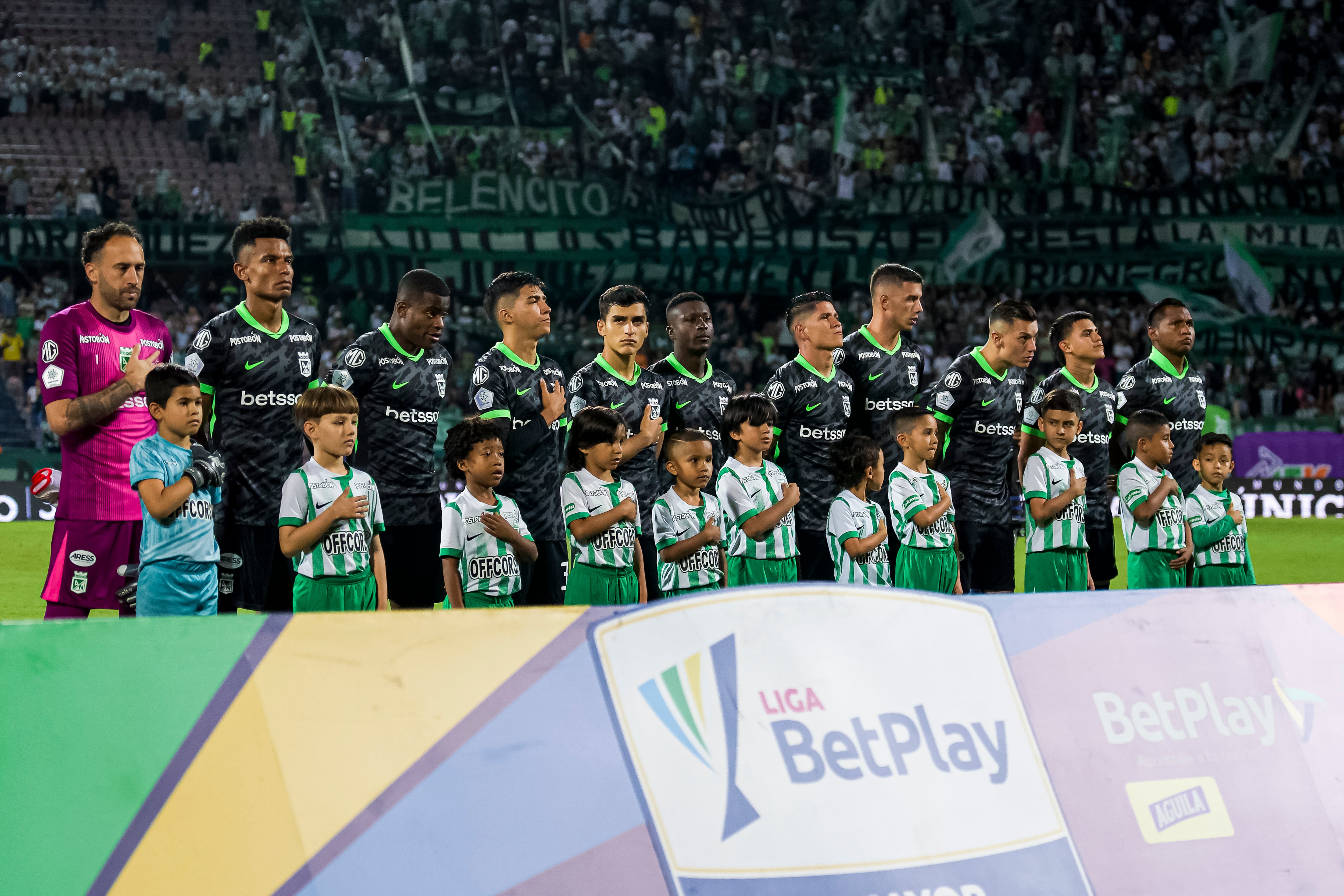 MEDELLIN, COLOMBIA - MARCH 13: Players of Atletico Nacional line up prior to the Liga BetPlay match between Atletico Nacional and Llaneros at Estadio Atanasio Girardot on March 13, 2026 in Medellin, Colombia. (Photo by Camila Ortega/Eurasia Sport Images/Getty Images)
