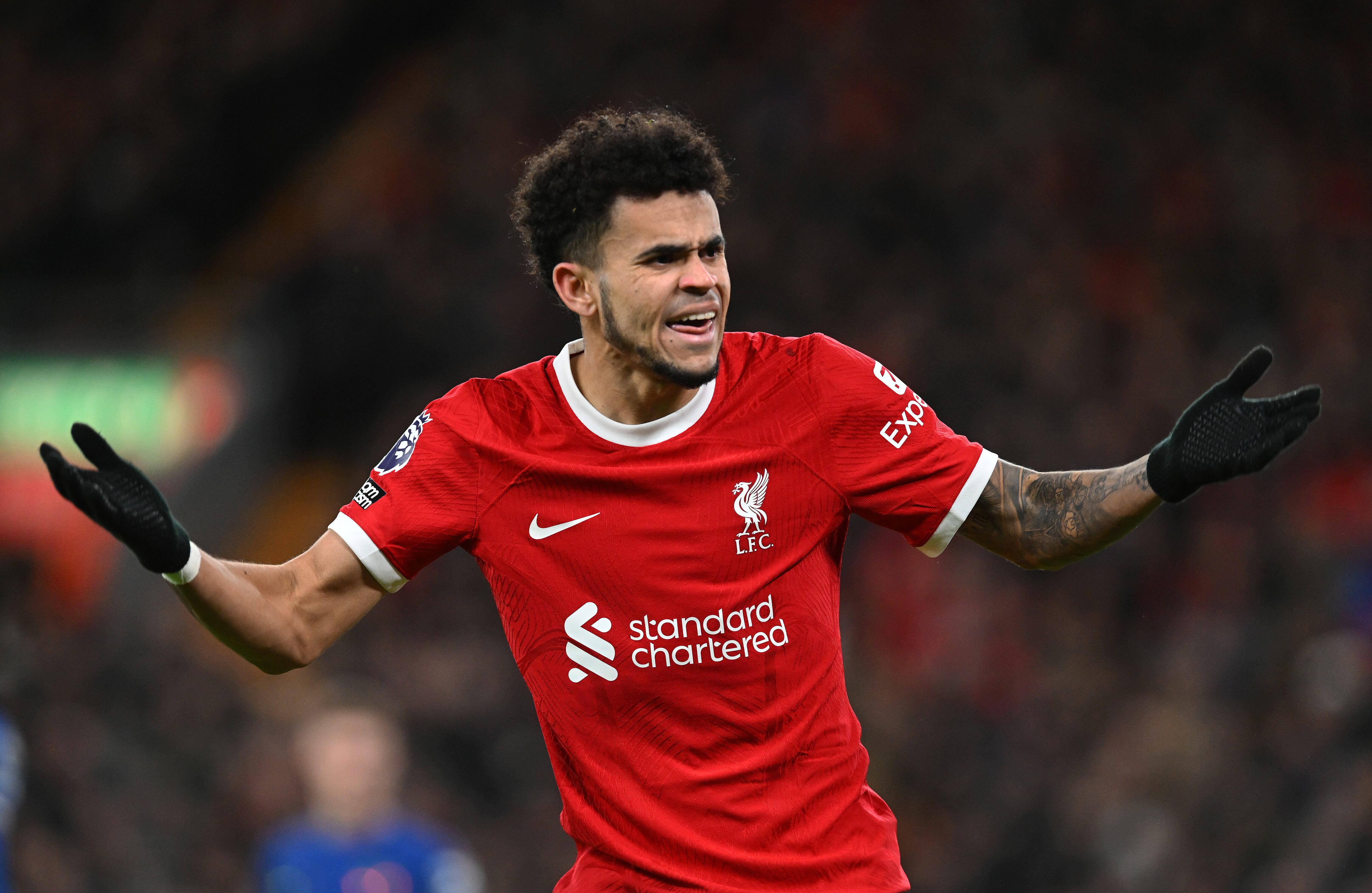 LIVERPOOL, ENGLAND - JANUARY 31: (THE SUN OUT. THE SUN ON SUNDAY OUT) Luis Diaz of Liverpool during the Premier League match between Liverpool FC and Chelsea FC at Anfield on January 31, 2024 in Liverpool, England. (Photo by John Powell/Liverpool FC via Getty Images)