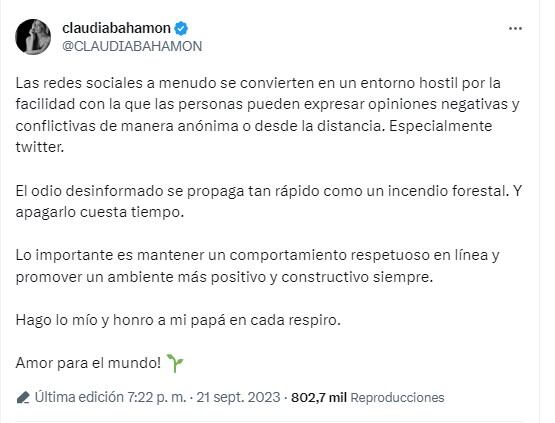 Claudia Bahamón se pronunció tras el video donde nombra a su padre