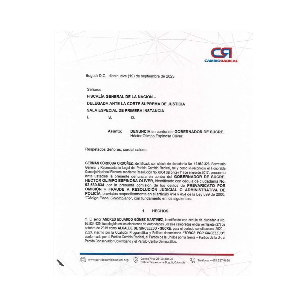 Cambio Radical denuncia al gobernador de Sucre