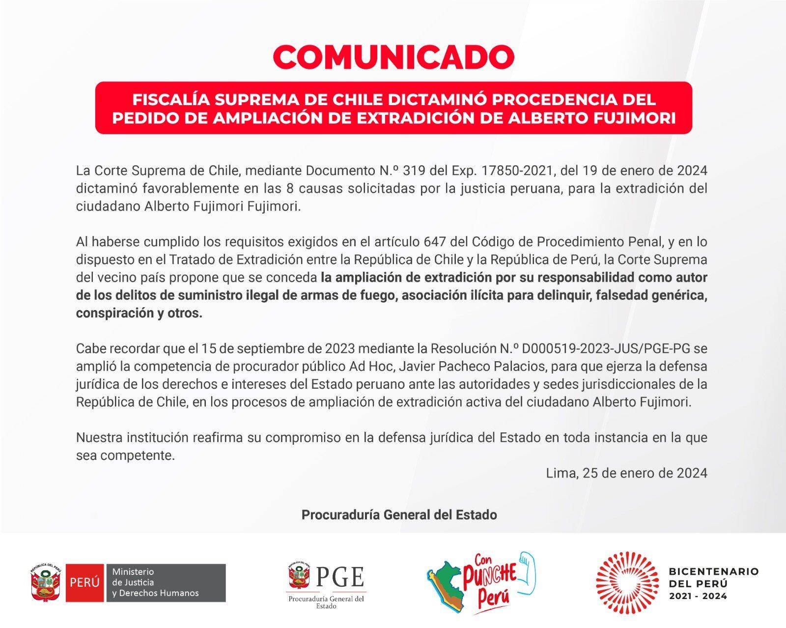 Fiscalía de Chile aprobó ampliar la extradición de Alberto Fujimori por venta de armas a las FARC en 1999.
