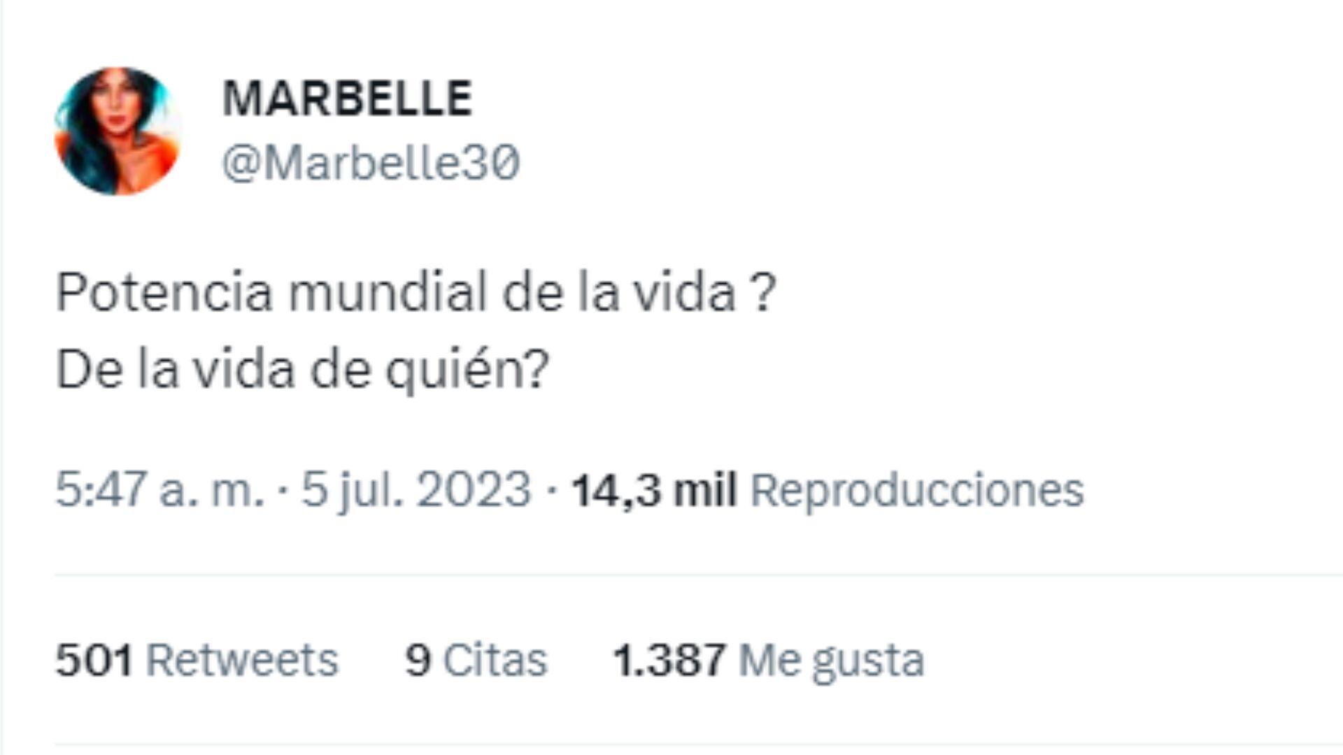 Tweet de Marbelle criticando al gobierno de Gustavo Petro.