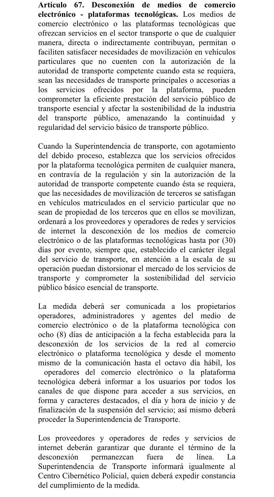 Fragmento del proyecto de ley sobre la regulación de plataformas de transporte.
