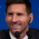 Lionel Messi attends a press conference Wednesday, Aug. 11, 2021 at the Parc des Princes stadium in Paris. Lionel Messi said he's been enjoying his time in Paris "since the first minute" after he signed his Paris Saint-Germain contract on Tuesday night. The 34-year-old Argentina star signed a two-year deal with the option for a third season after leaving Barcelona. (AP Photo/Francois Mori)