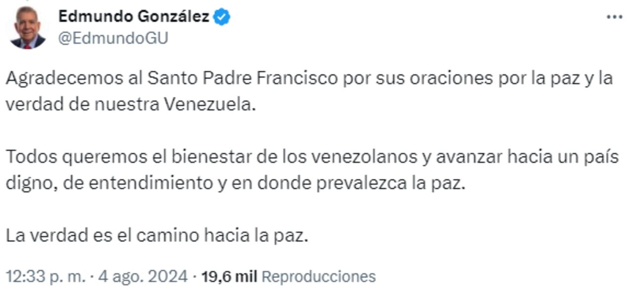Trino de Edmundo González donde agradece mensaje del papa Francisco.