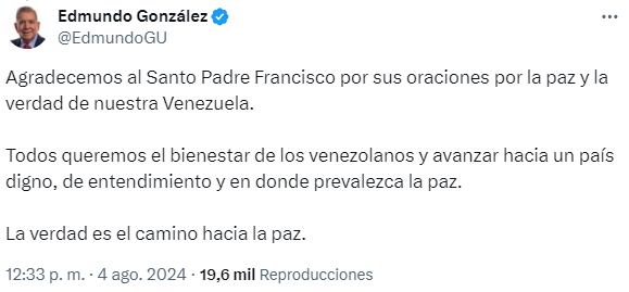 Trino de Edmundo González donde agradece mensaje del papa Francisco.