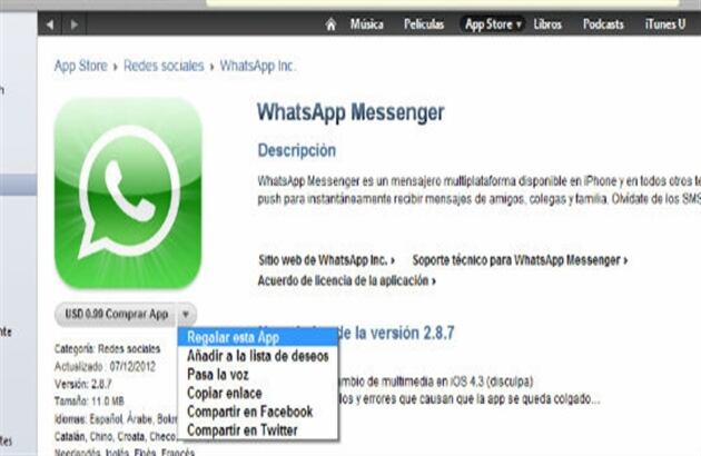 También puede regalar aplicaciones o juegos desde la tienda Apple. Haga clic en la flecha al lado del precio y elija 'Regalar' para diligenciar sus datos y los de la persona que recibirá el regalo por correo electrónico. El pago se carga a la tarjeta de crédito que tenga vinculada con App Store.