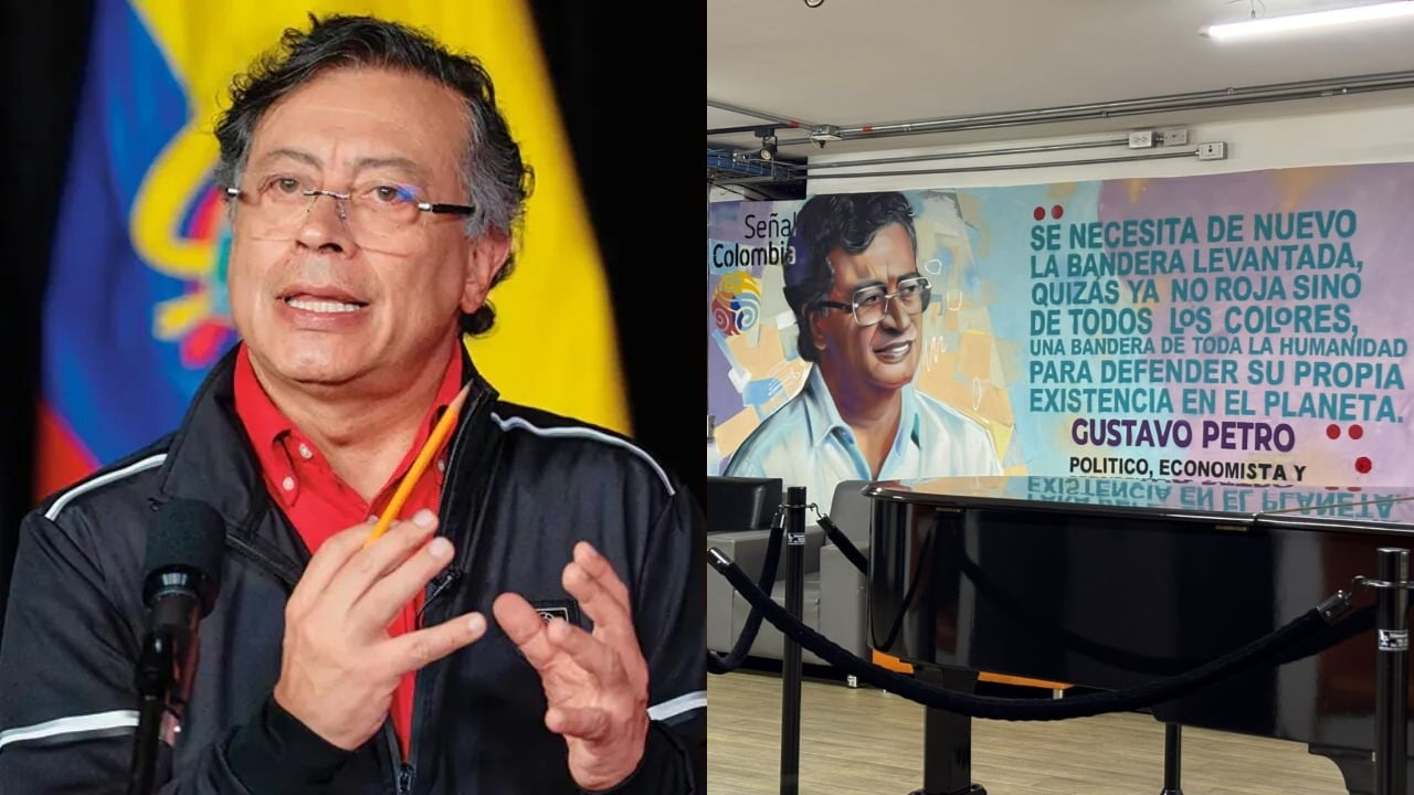 Gustavo Petro y el mural que había de él en INRAVISIÓN.