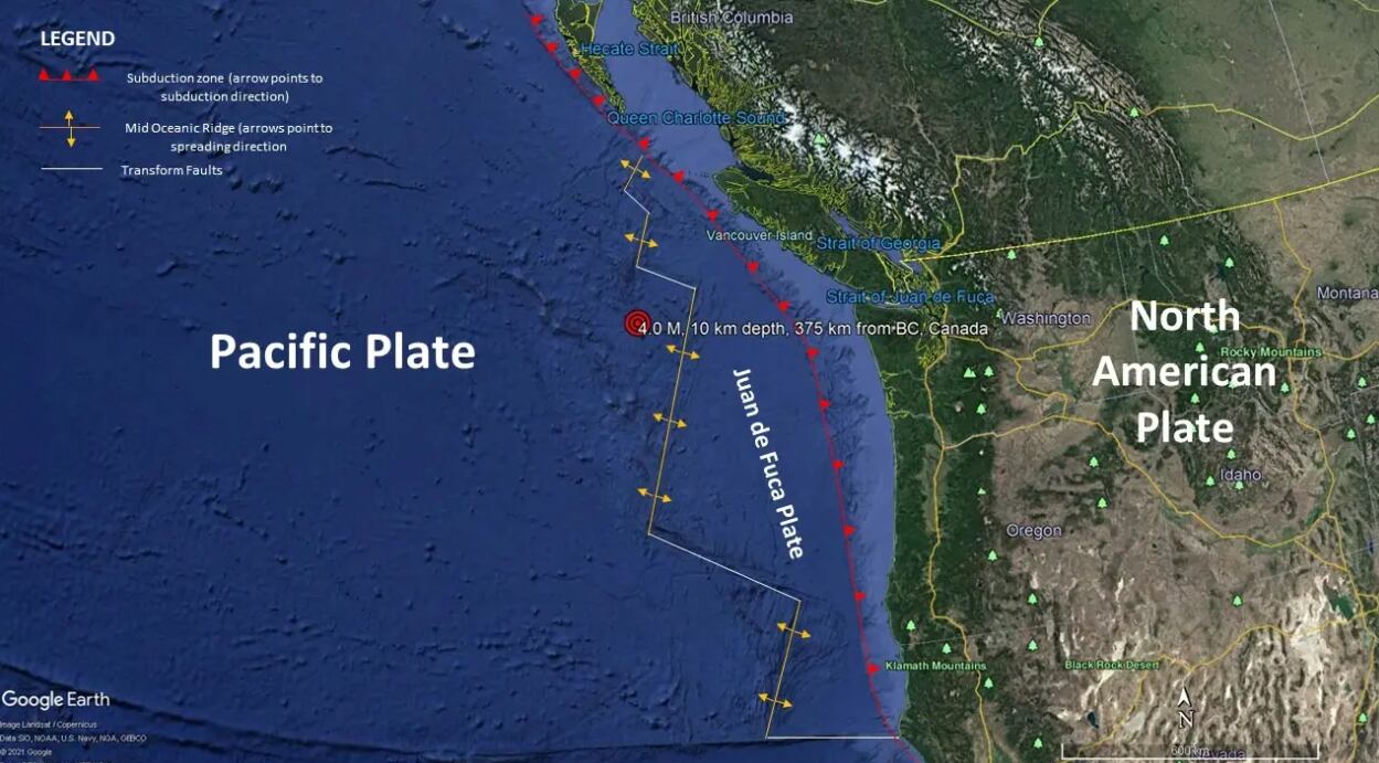 La zona de subducción de Cascadia es una falla que se extiende desde el norte de la isla de Vancouver hasta el cabo Mendocino, California.