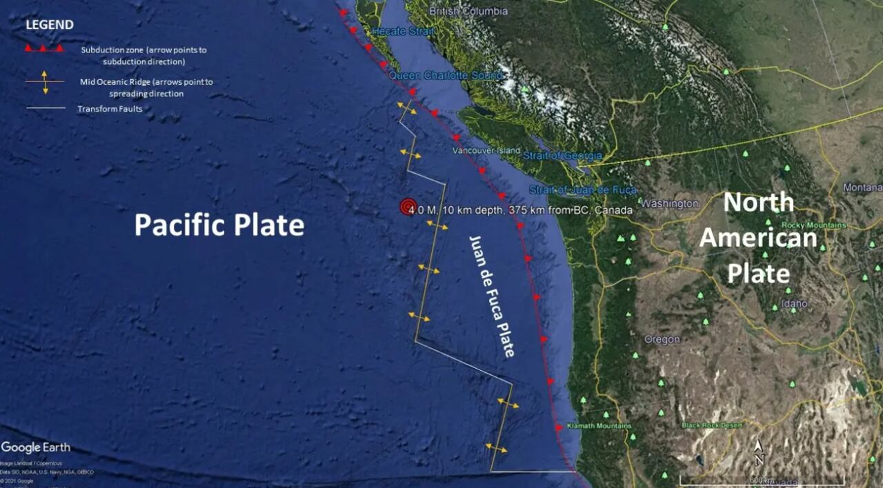 La zona de subducción de Cascadia es una falla que se extiende desde el norte de la isla de Vancouver hasta el cabo Mendocino, California.