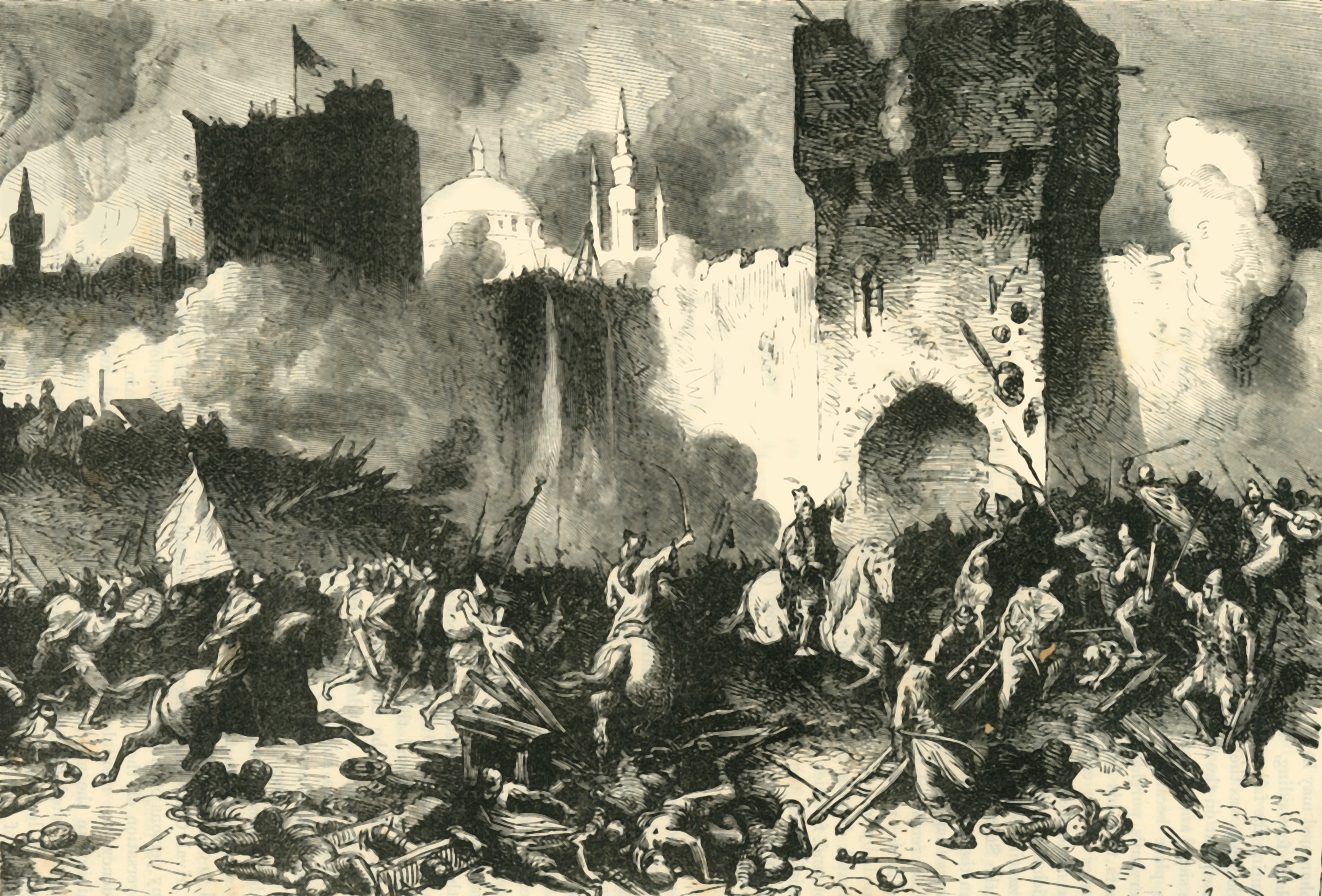 «El asalto final a Constantinopla» (29 de mayo de 1453), 1890. La caída de Constantinopla: la toma de la capital del Imperio bizantino —bajo el mando de Constantino XI Paleólogo— por un ejército otomano invasor liderado por el sultán Mehmed II, el 29 de mayo de 1453. Obra tomada de *Cassell's Illustrated Universal History, Vol. III - The Middle Ages*