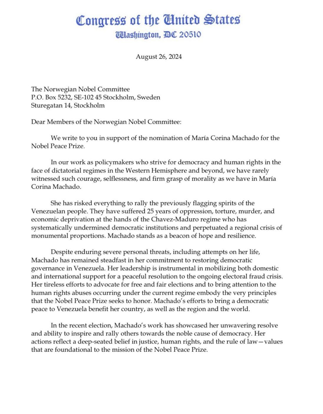 Carta del Congreso de los Estados Unidos al Comité Nobel de Noruega