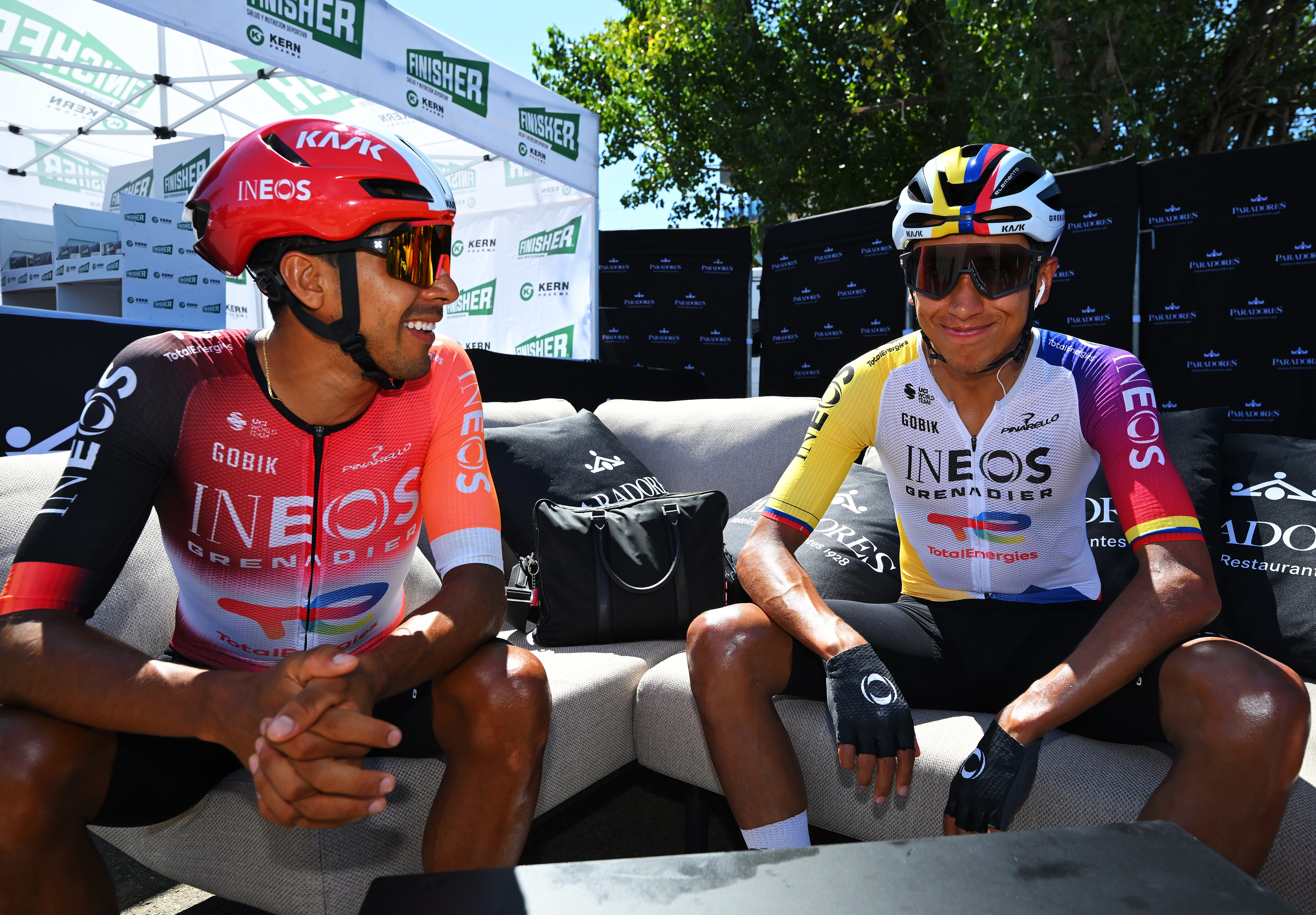 MONZON, SPAIN - AUGUST 30: (L-R) Brandon Smith Rivera of Colombia and Egan Bernal of Colombia and Team INEOS Grenadiers prior to the La Vuelta - 80th Tour of Spain 2025, Stage 8 a 163.5km stage from Monzon Templario to Zaragoza / #UCIWT / on August 30, 2025 in Monzon, Spain. (Photo by Tim de Waele/Getty Images)