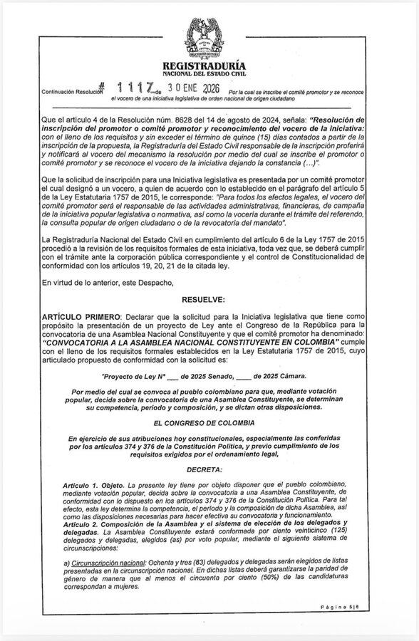 Decisión de la Registraduría sobre el comité de la asamblea nacional constituyente