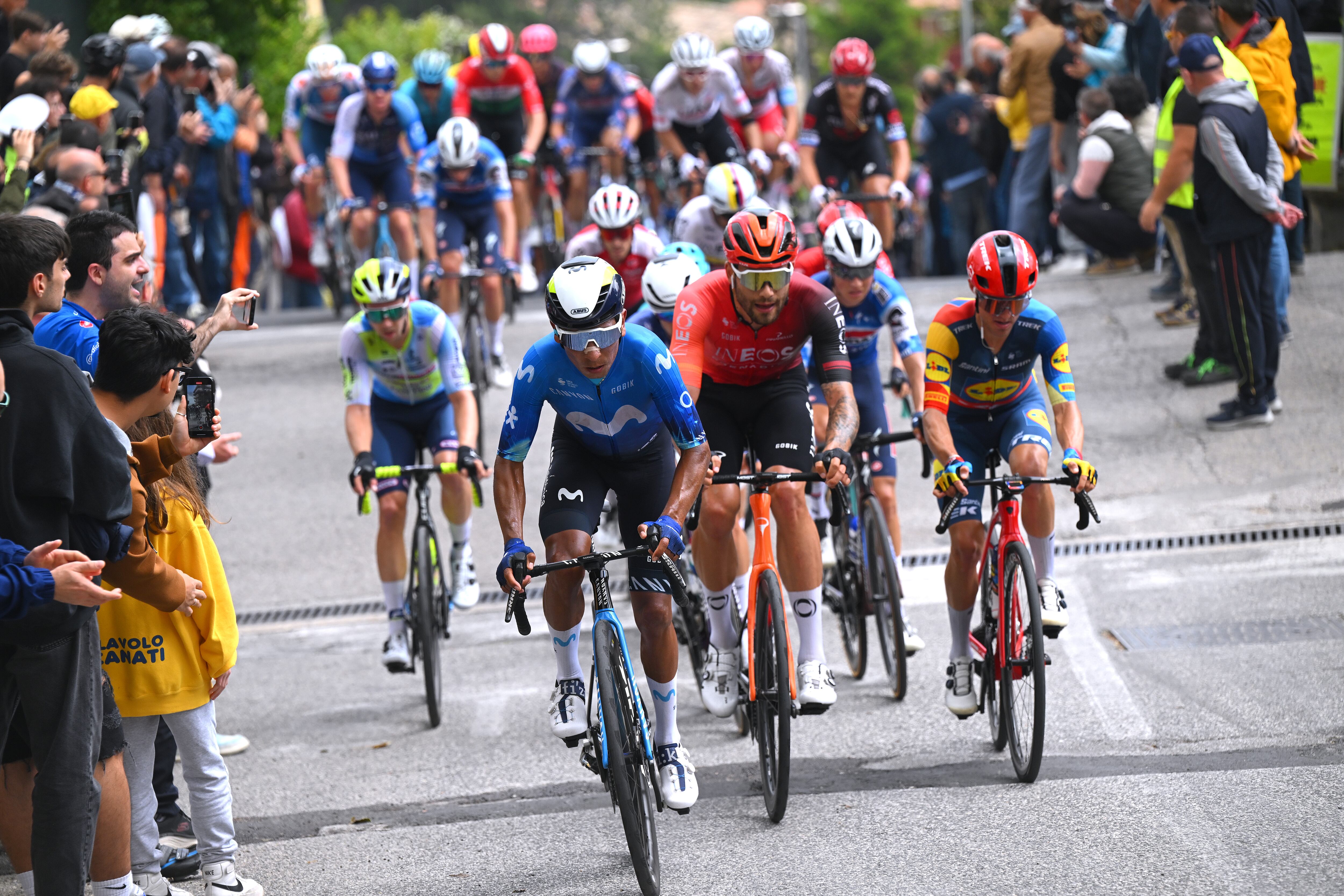 FANO, ITALY - MAY 16: (L-R) Nairo Quintana of Colombia and Movistar Team, Filippo Ganna of Italy and Team INEOS Grenadiers and Juan Pedro Lopez of Spain and Team Lidl - Trek compete during the 9th Vuelta a Burgos Feminas 2024, Stage 1 a 123km stage from Villagonzalo Pedernales to Burgos / #UCIWWT / on May 16, 2024 in Burgos, Spain. (Photo by Tim de Waele/Getty Images)