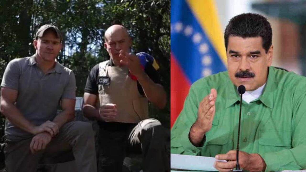Jordan Goudreau, a la izquierda, junto a uno de sus compañeros. A la derecha Nicolás Maduro, presidente de Venezuela