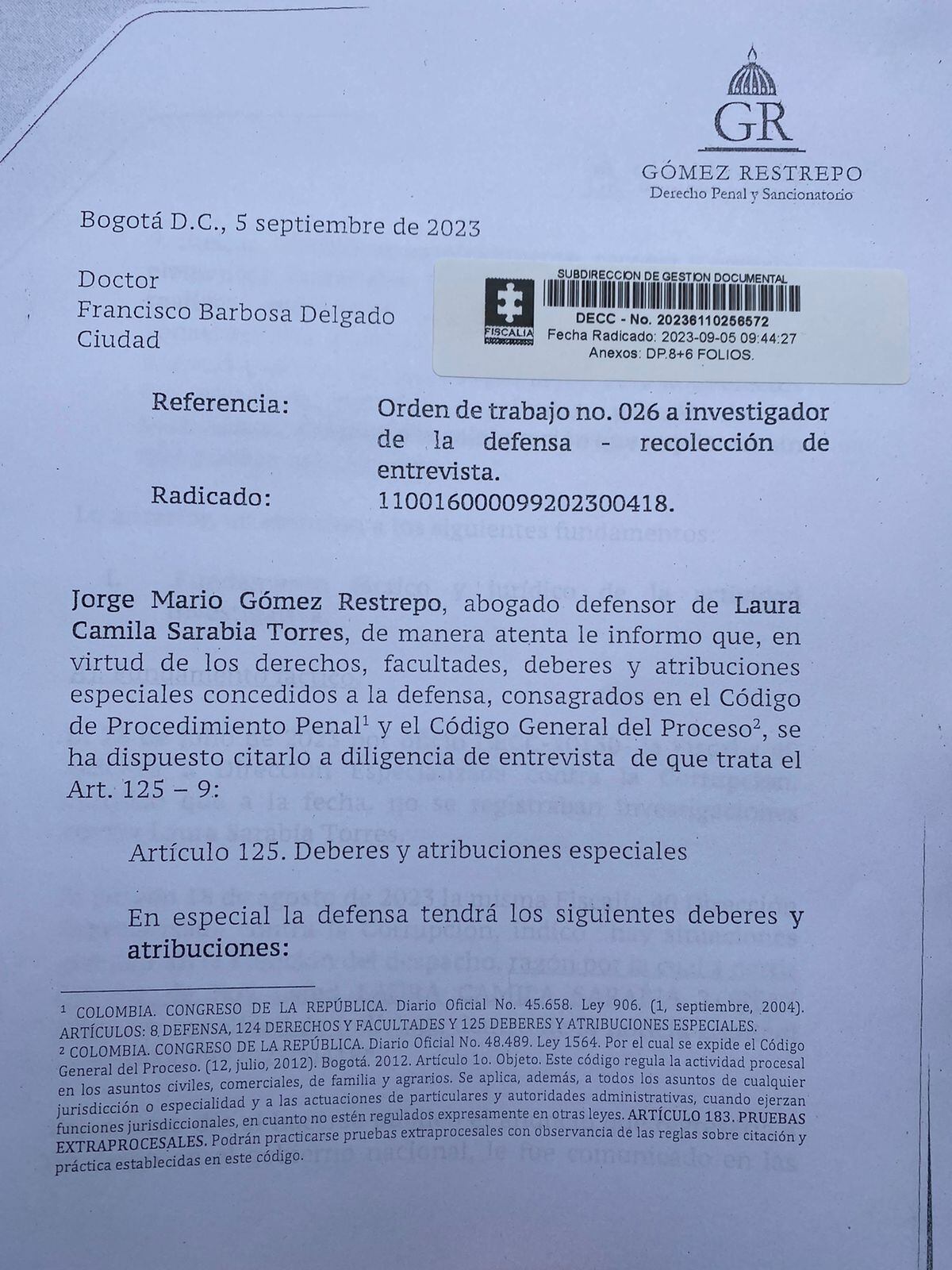 LAURA SARABIA CITA AL FISCAL GENERAL FRANCISCO BARBOSA