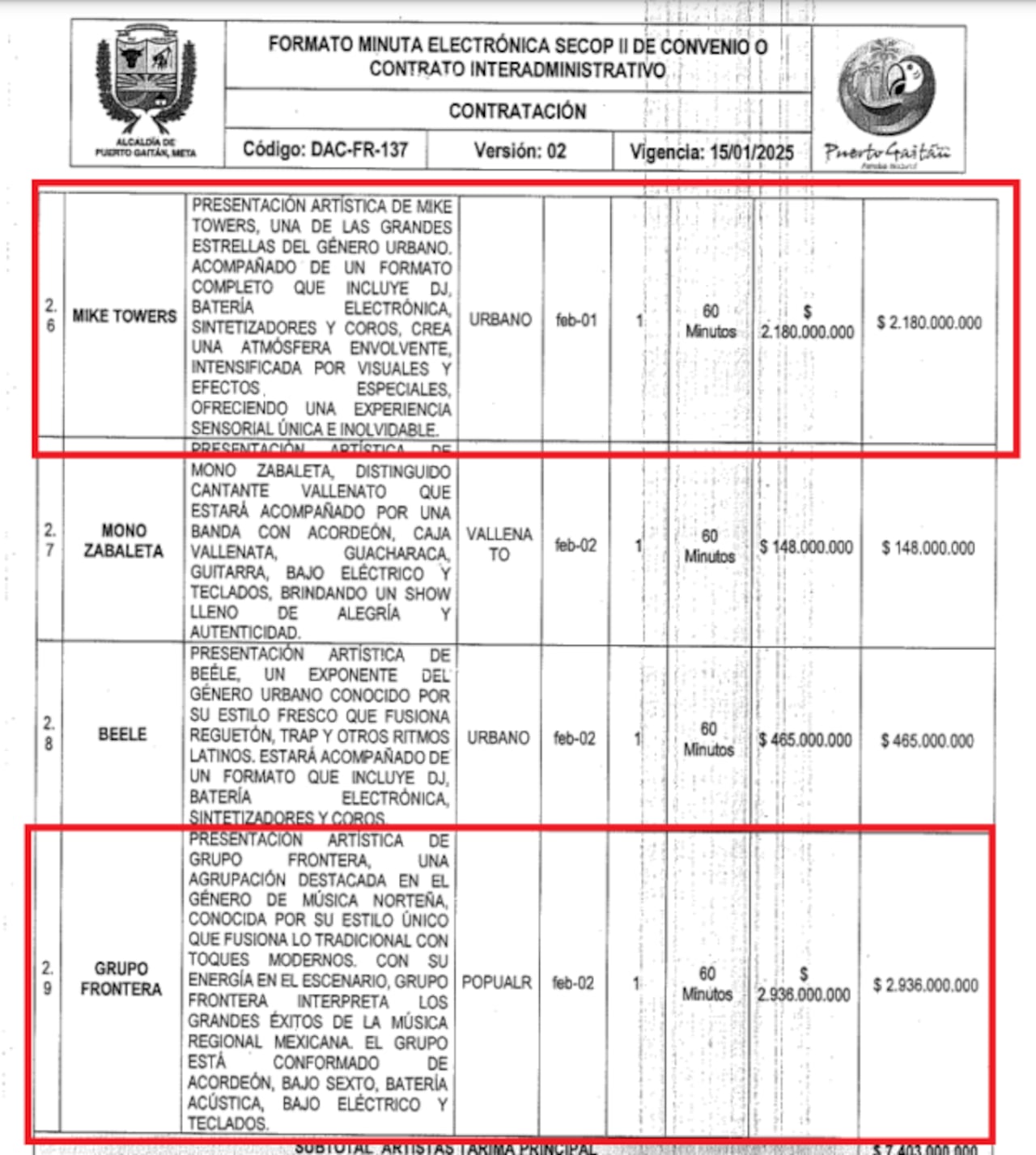 Contrato de cantantes en Puerto Gaitán, Meta.