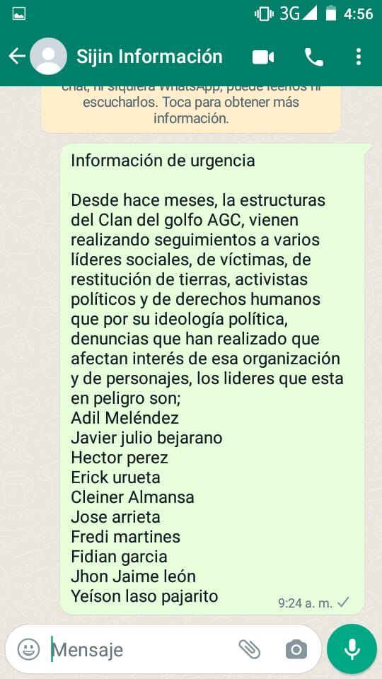Nombre de personas amenazadas por supuestos integrantes del Clan del Golfo.