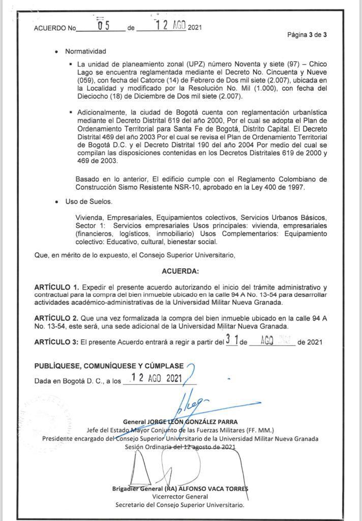 Acuerdo por medio del cual el Consejo Superior de la Universidad Militar autorizó la compra de un edificio que tendría sobrecostos, según la Contraloría.