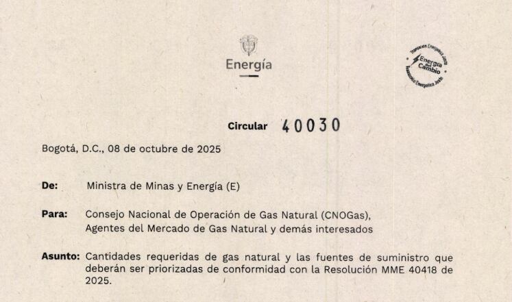 Circular emitida por el Ministerio de Minas, previo a la entrada en mantenimiento de la plataforma de importación de gas Spec.