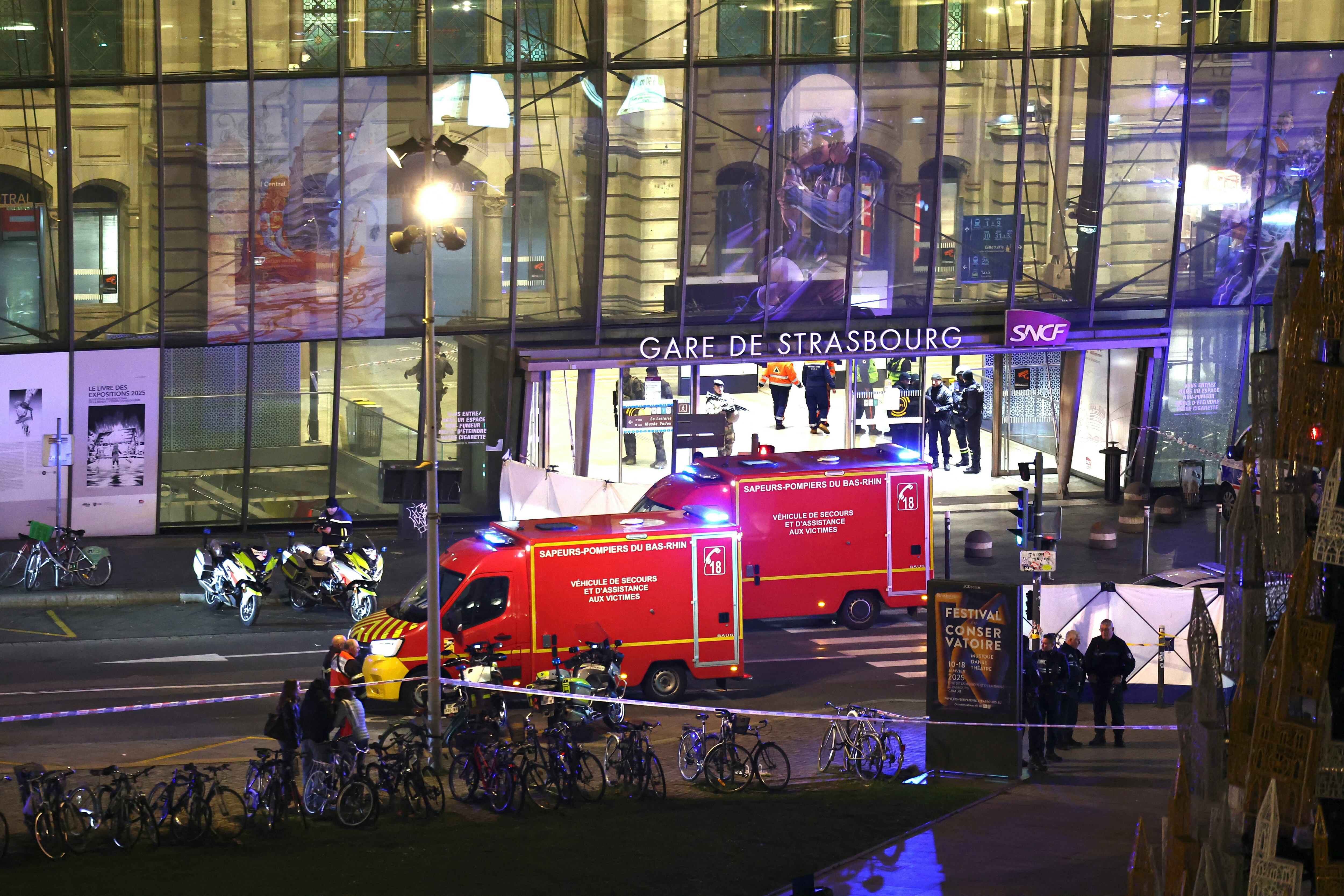 Firefighters' and rescue vehicles are stationed outside the Strasbourg railway station  following a collision of two trams, in Strasbourg, eastern France, on January 11, 2025. Two trams collided in a tunnel in the eastern French city of Strasbourg on January 11, 2025, injuring twenty people, the authorities said. "Twenty people" have been injured, said a spokesman for the prefecture, adding that the cause of the accident had not yet been established. (Photo by FREDERICK FLORIN / AFP)
