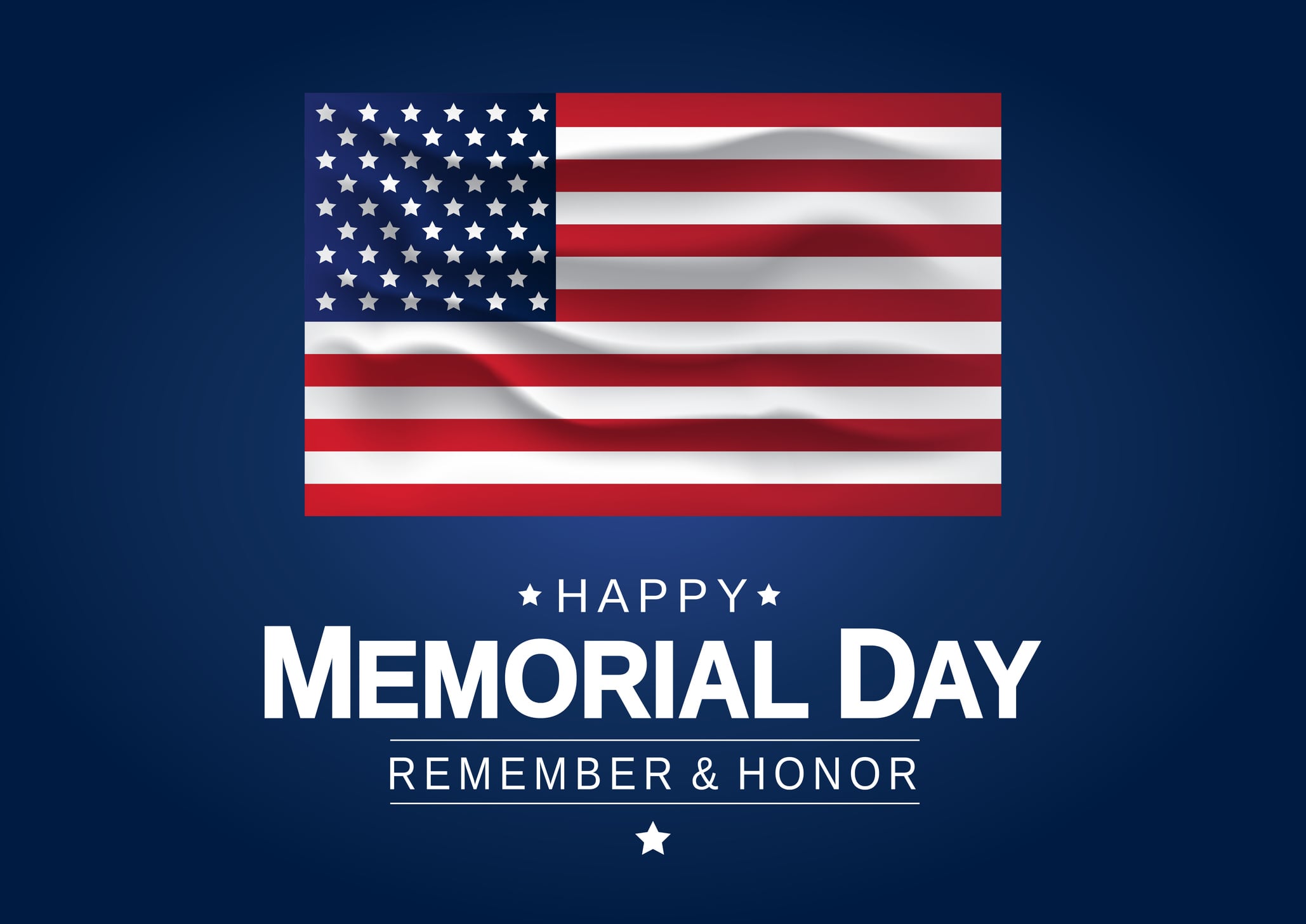 Tarjeta azul del Día de los Caídos, cartel o fondo con la bandera americana de EE. UU. Recuerda y honra. Ilustración vectorial