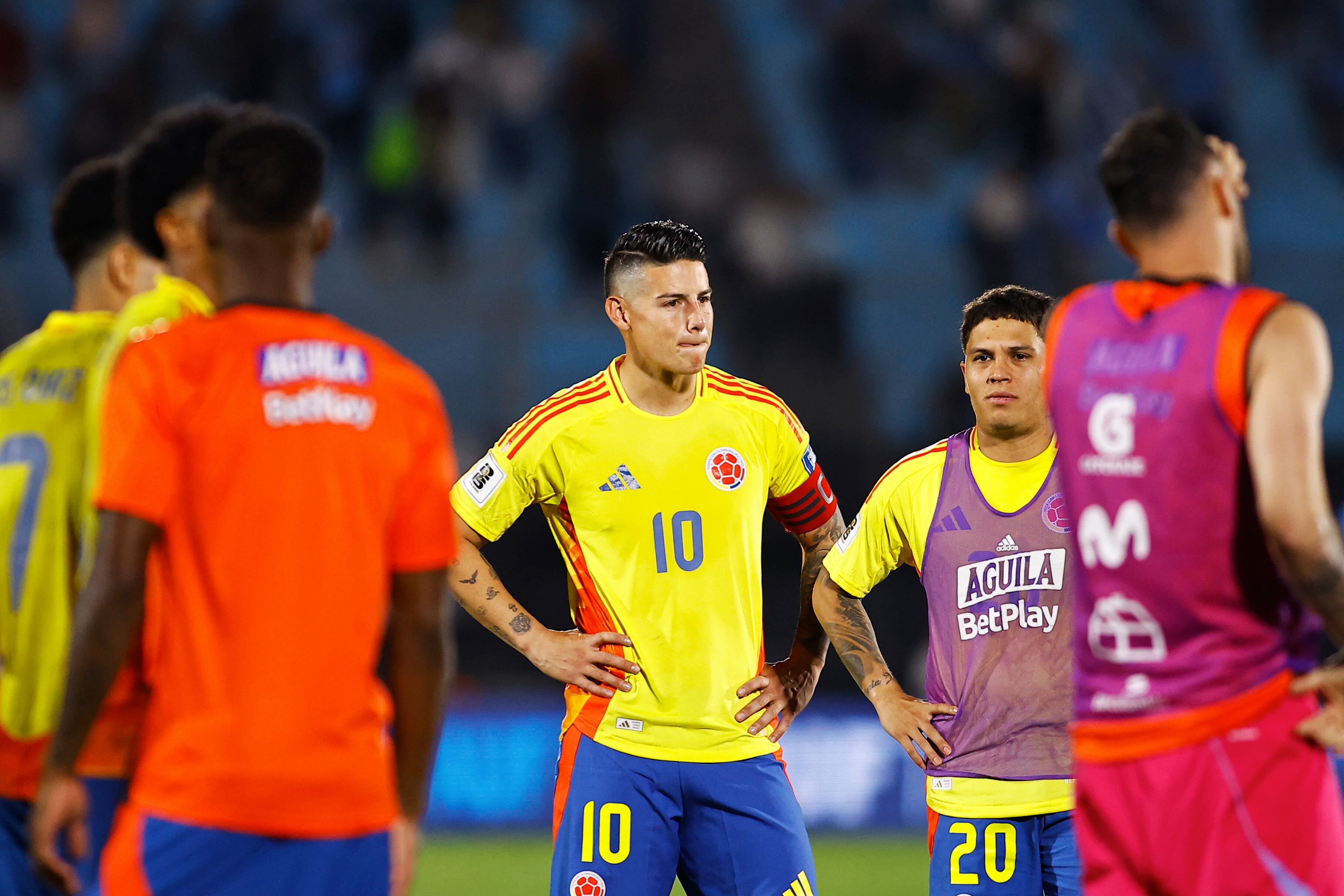 MONTEVIDEO, URUGUAY - NOVEMBER 15: James Rodriguez of Colombia reacts after the team's defeat in the South American Qualifier match between Uruguay and Colombia at Centenario Stadium on November 15, 2024 in Montevideo, Uruguay.  (Photo by Ernesto Ryan/Getty Images)