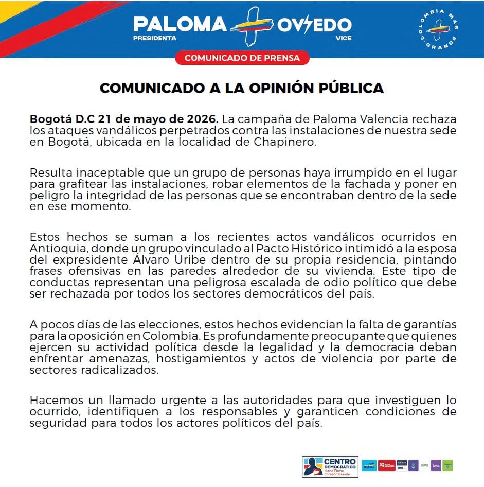 Comunicado del equipo de Paloma Valencia.
