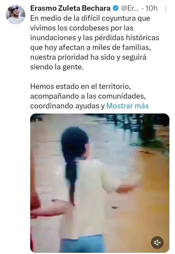 El gobernador de Córdoba, Erasmo Zuleta, pidió apoyo al Gobierno nacional para superar la crisis por las lluvias en el departamento.