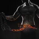 Concepto - cadena de metal rota. El fuerte con músculos perfectos rompe la cadena