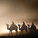 Prophecy magi and his friend with three camel on desert was going to bethlehem city in christmas eve
