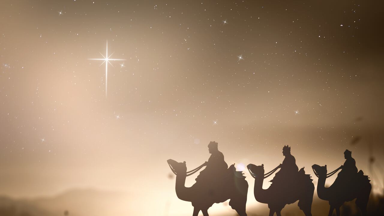 Prophecy magi and his friend with three camel on desert was going to bethlehem city in christmas eve