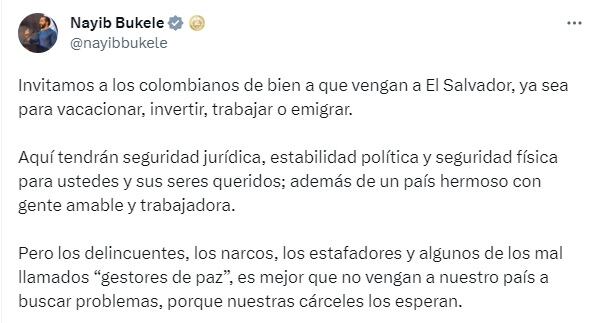 Trino de Nayib Bukele invitando a los colombianos a invertir en El Salvador.