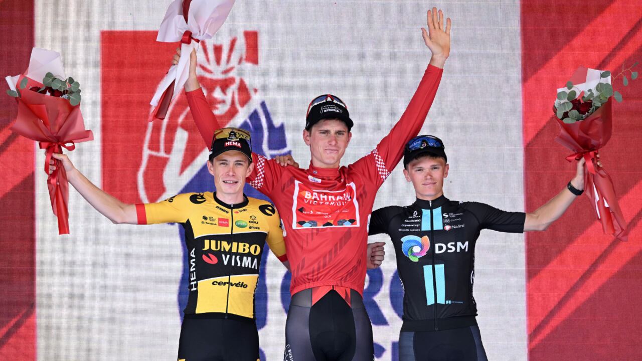 ZAGREB, CROATIA - OCTOBER 02: Jonas Vingegaard of Denmark and Team Jumbo Visma on second place, race winner Matej Mohoric of Slovenia and Team Bahrain Victorious and Oscar Onley of Great Britain and Team DSM on third place pose on the podium ceremony after the 7th CRO race 2022 - stage 6 from Sveta Nedelja to Zagreb on October 2, 2022 in Zagreb, Croatia. (Photo by Getty Images/Marko Lukunic/Pixsell/MB Media)