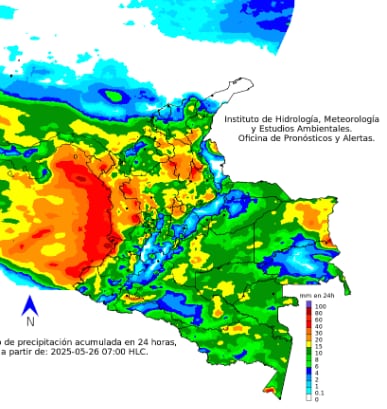 Figura 1. Fuente: Ideam.
Nota: La escala de colores indica la cantidad de
precipitación acumulada (en milímetros).