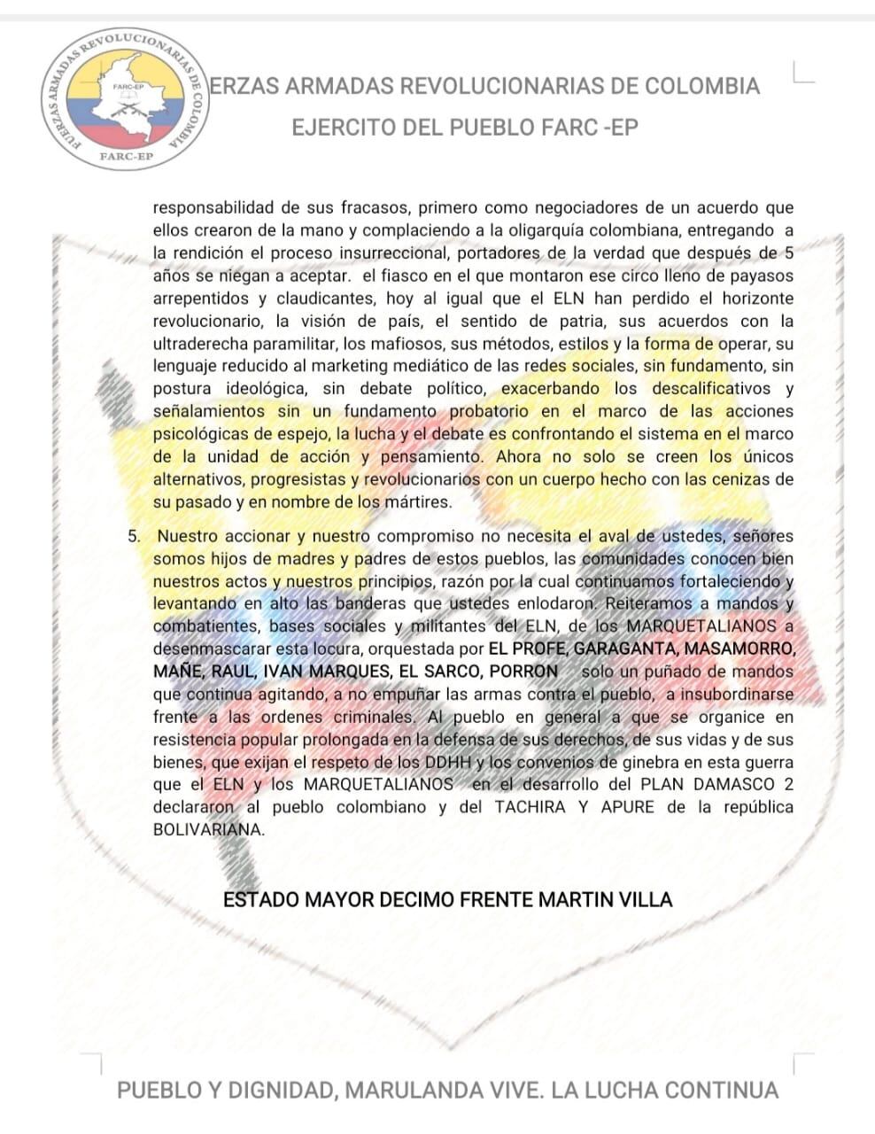 Comunicado de las disidencias comandadas por Botache Santillana, alias Gentil Duarte, y Néstor Gregorio Vera, alias Iván Mordisco.