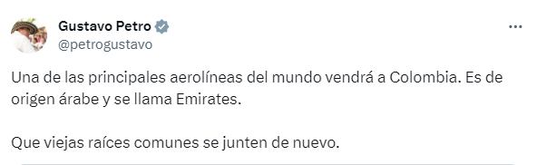 El presidente Gustavo Petro se pronunció sobre el interés de Emirates Airlines por operar en Colombia.