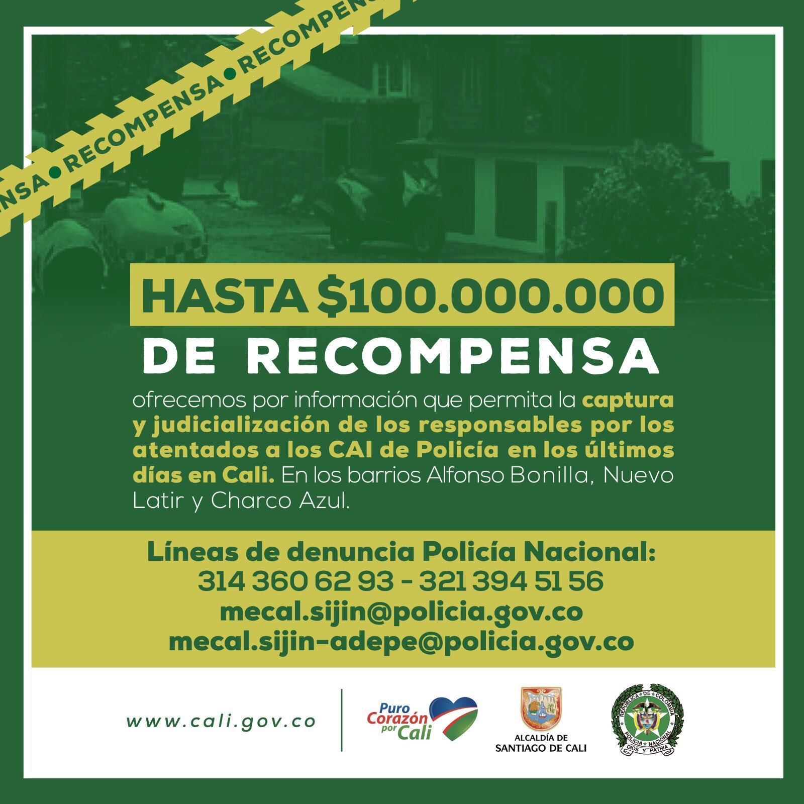 Las autoridades ofrecen una recompensa de hasta $100 millones por información que conduzca al paradero de los responsables de los atentados a los CAI en Cali.