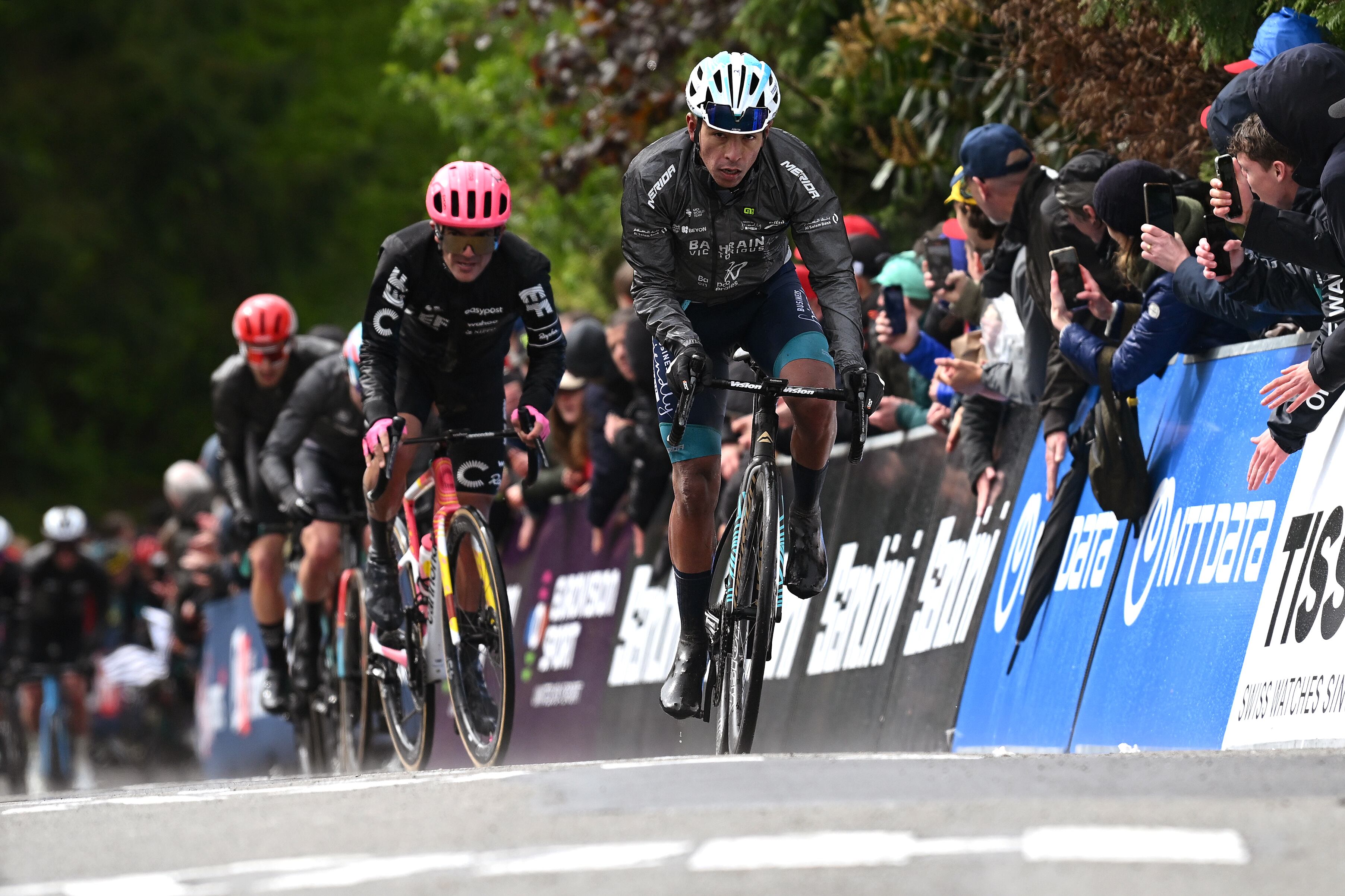HUY, BELGIUM - APRIL 17: Santiago Buitrago of Colombia and Team Bahrain - Victorious competes in the chase group during the 88th La Fleche Wallonne 2024, Men's Elite a 198.6km one day race from Charleroi to Huy / #UCIWT / on April 17, 2024 in Huy, Belgium. (Photo by Dario Belingheri/Getty Images)