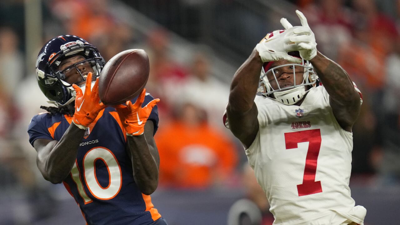 Denver Broncos wide receiver Jerry Jeudy (10) cannot catch a pass while defended by San Francisco 49ers cornerback Charvarius Ward (7) during the second half of an NFL football game in Denver, Sunday, Sept. 25, 2022. (AP/Jack Dempsey)