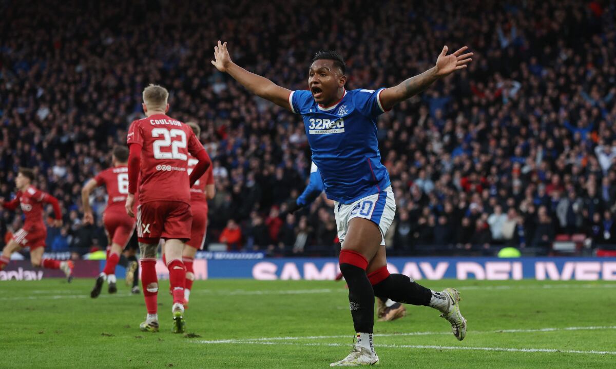 Soccer Football - Scottish League Cup - Semi Final - Rangers v Aberdeen - Hampden Park, Glasgow, Scotland, Britain - January 15, 2023 Rangers' Alfredo Morelos appeals for a goal REUTERS/Russell Cheyne