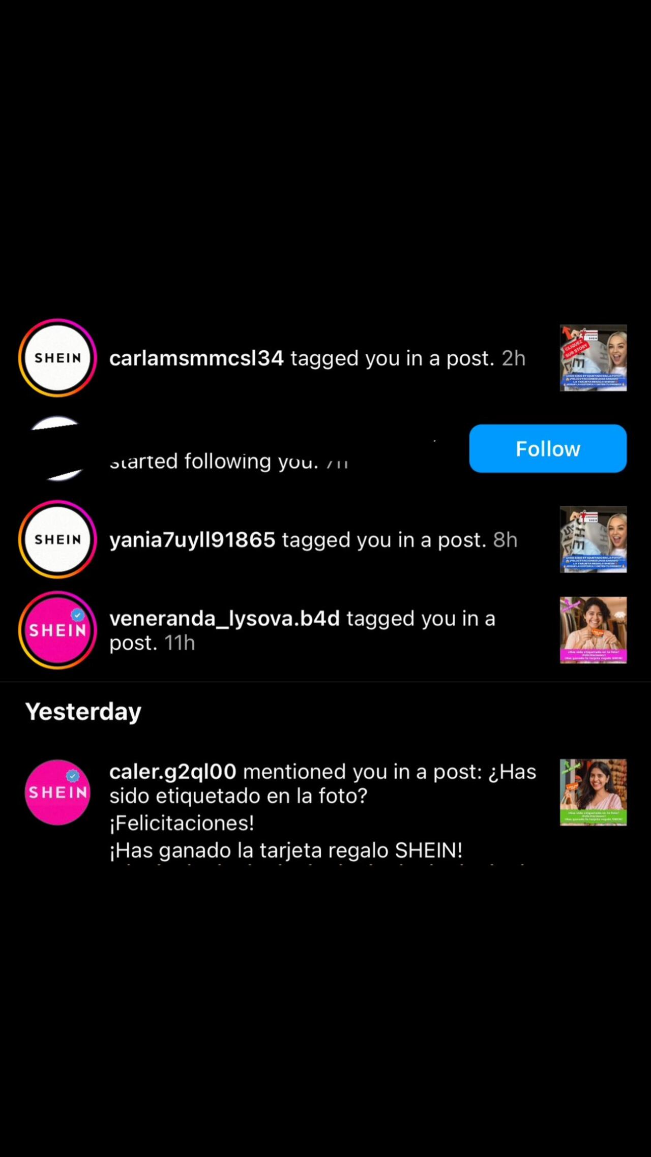 A diario, varios colombianos reciben notificaciones de cuentas falsas que se hacen pasar por la compañía Shein.