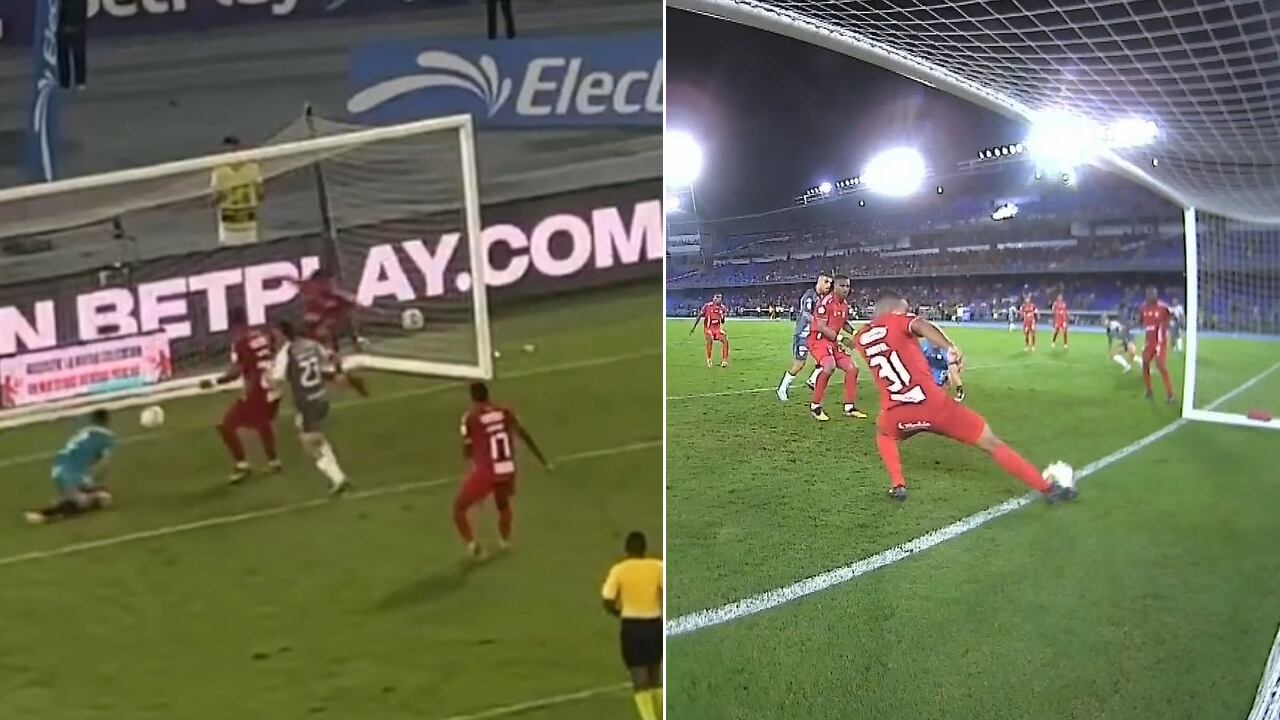 Momento exacto del rechazo de Ómar Bertel en el partido de América vs. Junior.